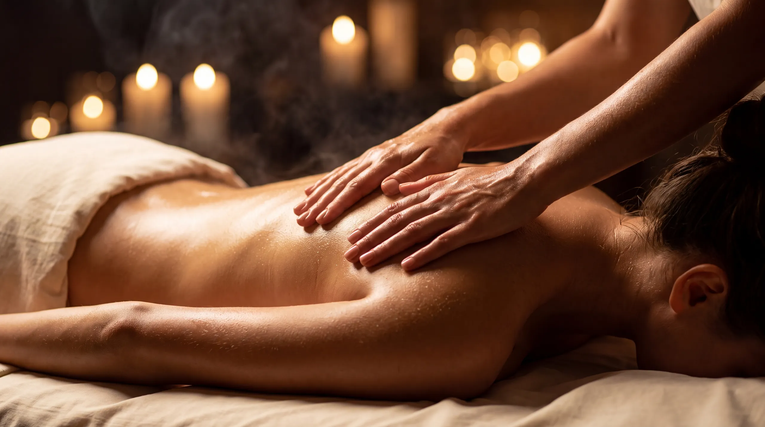 Therapist working along a client's upper back