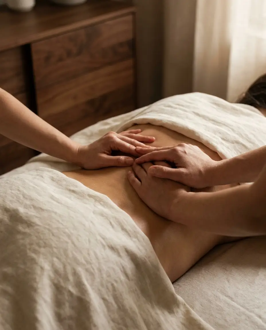 4-hand massage - two therapists working in synchronized rhythm - detail view