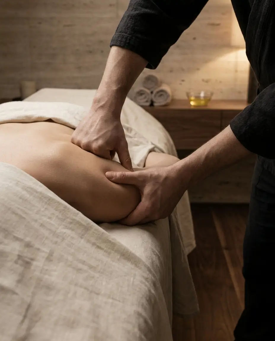 Deep tissue massage - focused thumb pressure into shoulder muscles