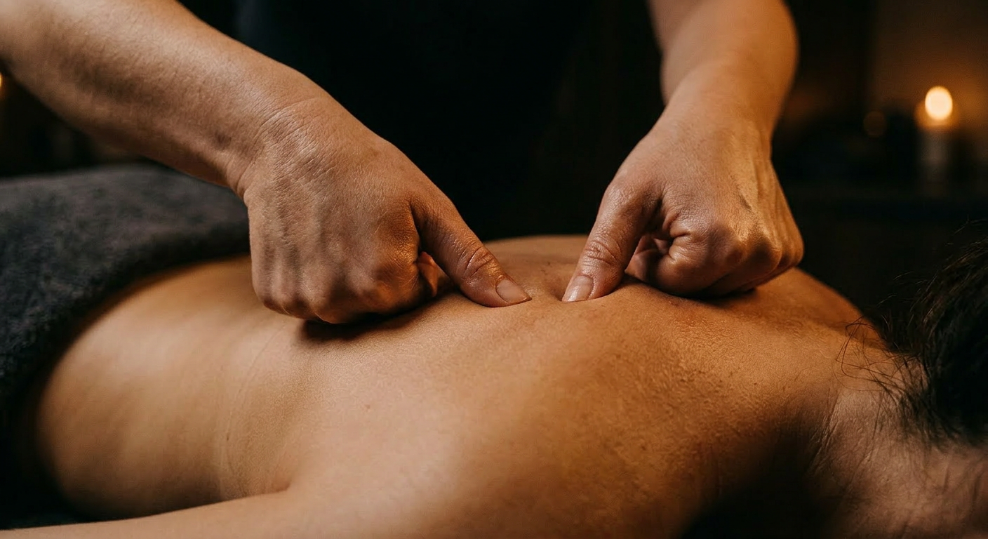 Deep tissue massage therapist applying knuckle pressure to client's upper back in candlelit luxury spa