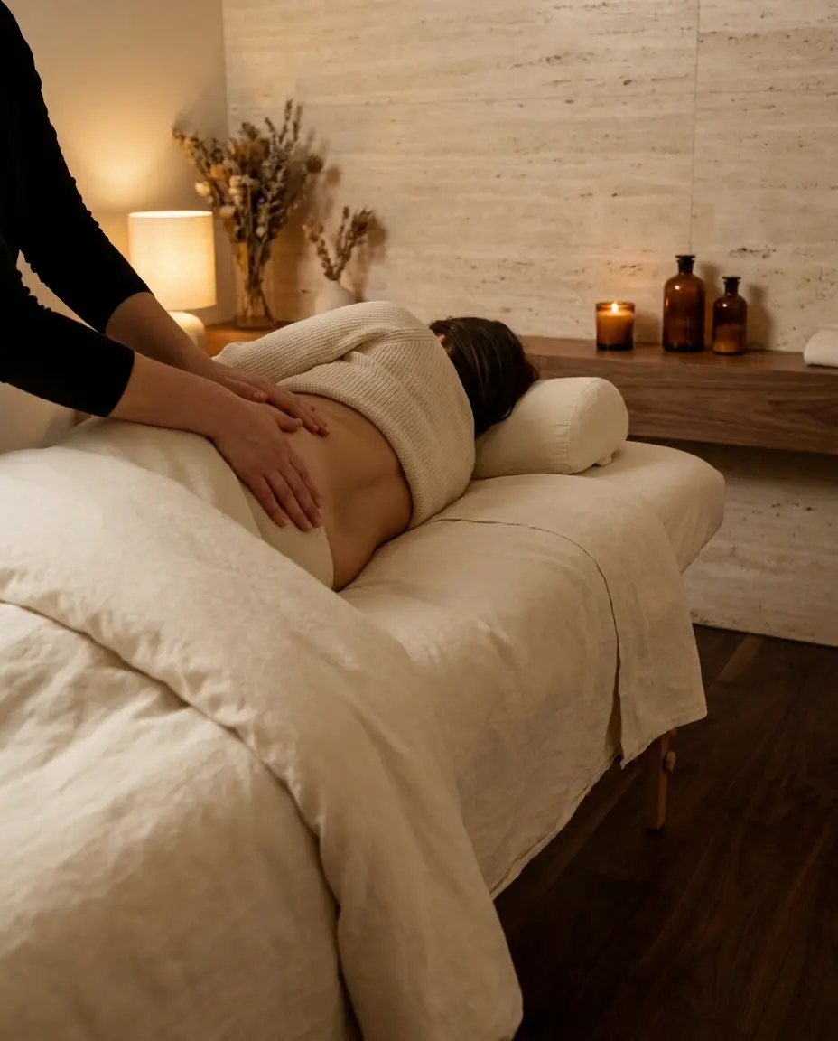 Prenatal massage - side-lying support with cream linen bolsters